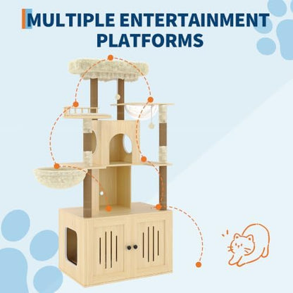 Cat Tree with Litter Box Enclosure, Large Plush Top Perch, Sisal Scratching - Image 6