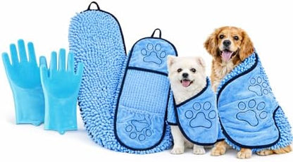 Super Absorbent Dog Bath Towel & Grooming Glove Set – Soft Chenille Dog Drying - Image 5