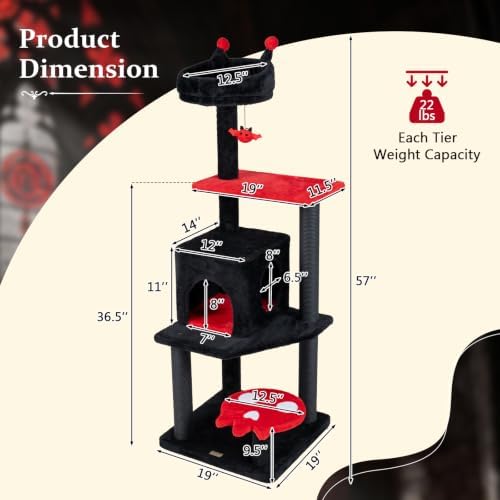 PETSITE 57-inch Gothic Cat Tree, Bat-Shaped Dangling Ball, Comfy Condo - Image 3