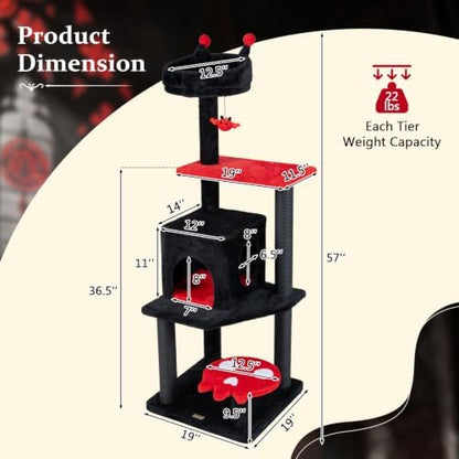PETSITE 57-inch Gothic Cat Tree, Bat-Shaped Dangling Ball, Comfy Condo - Image 3