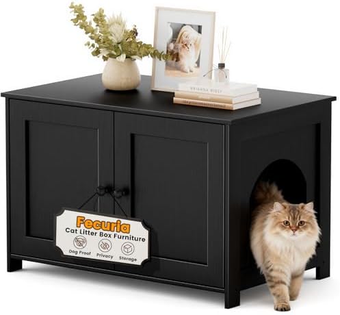 Cat Litter Box Enclosure Furniture Dog Proof, Hidden Kitty Washroom Cabinet Low by Fecuria