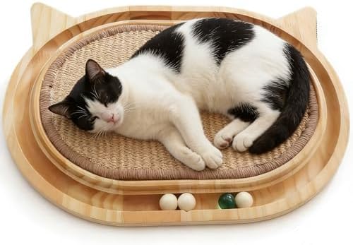 Cat Scratcher with Ball Track, Wooden Sisal Cat Scratching Pad by Tismucel