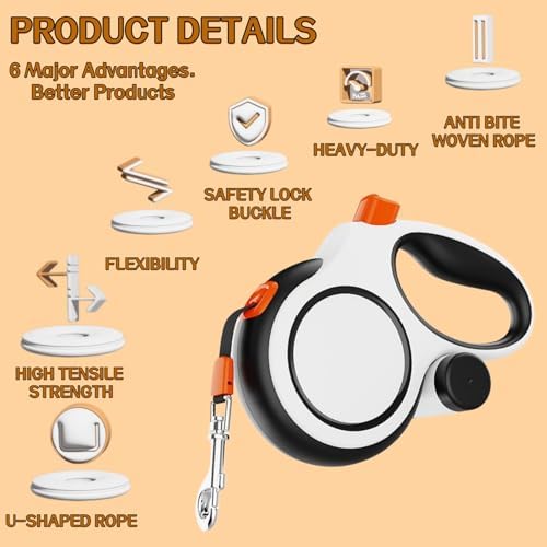 16FT Dual Retractable Dog Leash 2 Large Dogs-White - Image 3
