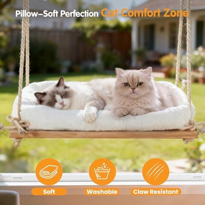 Large Cat Window Perch Hammock, Solid Wood Seat & Plush Cushion - Image 5