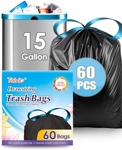 Teivio 15 Gallon 60 Counts Strong Tall Kitchen Drawstring Trash Bags, Medium by Teivio