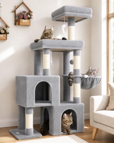 Globlazer 52in Cat Tree Tower for Indoor Cats, 2 Condos, Light Grey by Globlazer