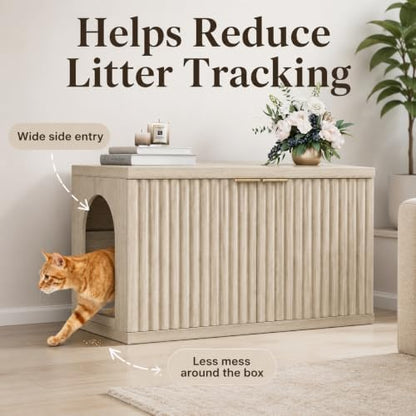 Homhedy Cat Litter Box Enclosure, Modern Fluted Accent, Cream Gray - Image 4