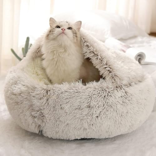 Round Fluffy Hooded Cat Bed Cave, Anti-Anxiety Cave Bed by Unknown
