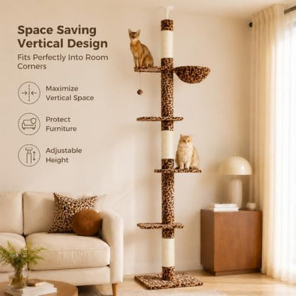 PAWZ Road Floor to Ceiling Cat Tree, Adjustable 95"-108" Leopard Cat Tower - Image 5
