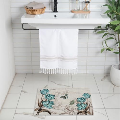 Giwawa Teal Floral Bath Rug Butterfly Flower Bath Carpet Soft Bathroom Plush - Image 2