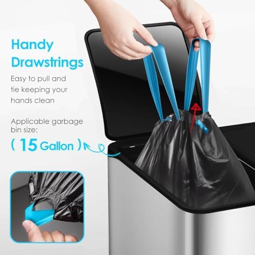 Teivio 15 Gallon 60 Counts Strong Tall Kitchen Drawstring Trash Bags, Medium - Image 5