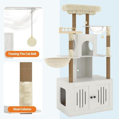 Cat Tree with Litter Box Enclosure, Large Plush Top Perch, Sisal Scratching - Image 4