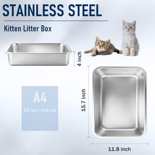 Small Stainless Steel Kitten Litter Box, Low Entry, 15.7 x 11.8 x 4 in - Image 2