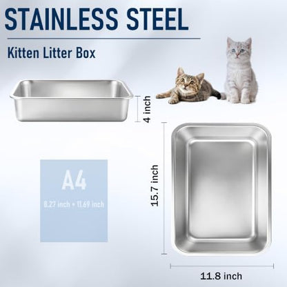 Small Stainless Steel Kitten Litter Box, Low Entry, 15.7 x 11.8 x 4 in - Image 2
