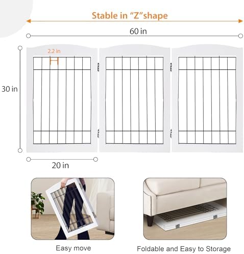LZRS 3-Panel Freestanding Adjustable Wooden Dog Gate—30" Tall Foldable Pet - Image 5