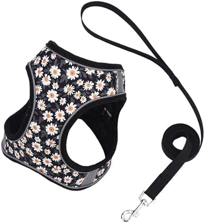 Small Dog Harness Black Daisy Flowers No Pull Reflective Harness - Image 3