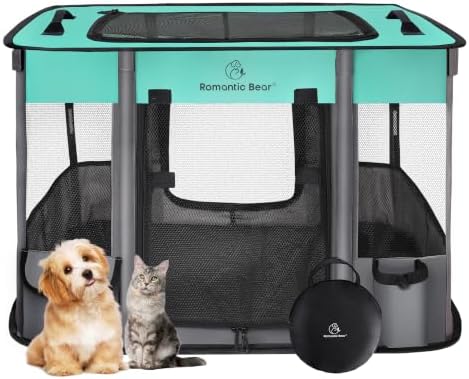 ROMANTIC BEAR Dog Playpen, Foldable Pet Puppy Cat Playpen by ROMANTIC+BEAR