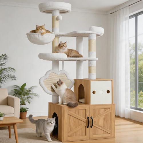 Heybly Cat Tree with Litter Box Enclosure, Modern 64" Hidden Tower HCT105BT by HEYBLY