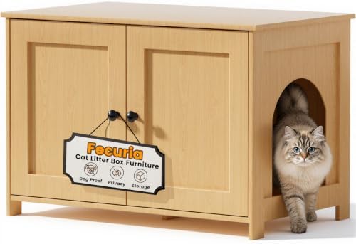 Cat Litter Box Enclosure Furniture Dog Proof, Hidden Kitty Washroom Cabinet Low by Fecuria