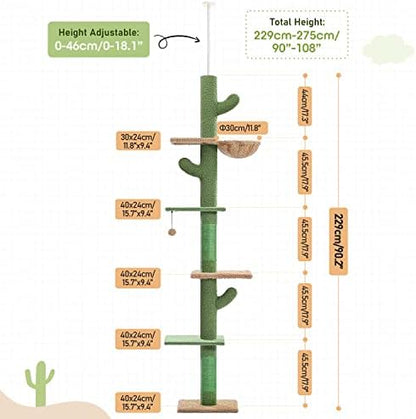 PAWZ Road Cactus Floor-to-Ceiling Cat Tree 5-Tier Cat Tower - Image 2