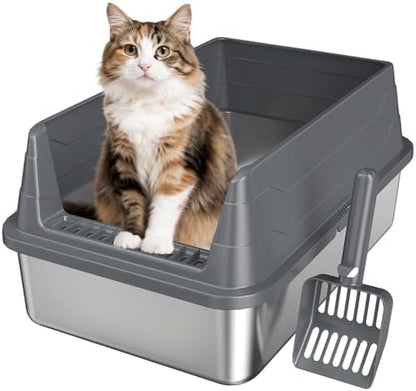 Stainless Steel Cat Litter Box Low Entry Litter Pan Include Scoop by KISENG