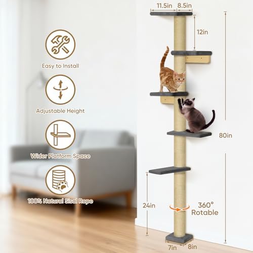 PAWSCRAT 5-Tier Wall-Mounted Cat Tree, 80-Inch Sisal Post - Image 4