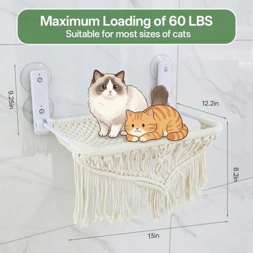 Cat Hammock & Window Perch w/ 4 Suction Cups, Foldable Adjustable Boho Cotton - Image 5
