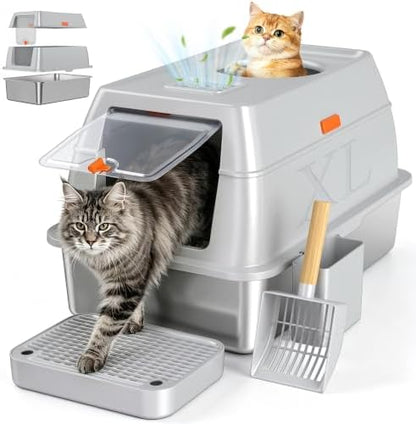 XL Enclosed Stainless Steel Litter Box by Tevila