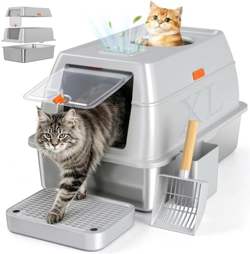 XL Enclosed Stainless Steel Litter Box by Tevila