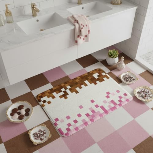 Pixelated Theme Bath Rug, Geometric Grid Shaggy Absorbent Non Slip Floor Mat - Image 2