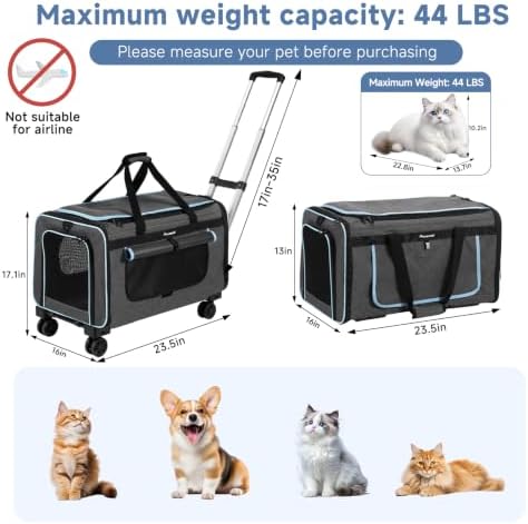 Large Pet Carrier with Wheels, Foldable Rolling Cat Carrier with Telescopic - Image 2