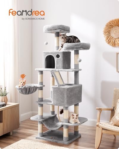 Feandrea Cat Tree, 66.1-Inch Large Cat Tower, Light Gray - Image 2