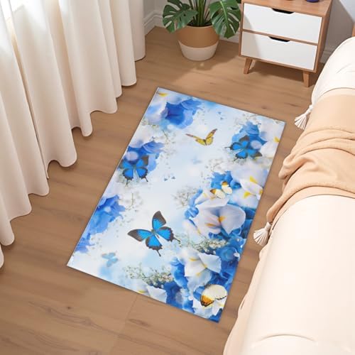 Giwawa Blue Floral Bath Rug Flower Butterfly Bathroom Carpet Extra Soft Plush - Image 6