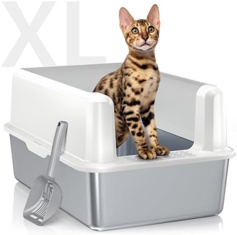 Stainless Steel Cat Litter Box, XL High Sided Open Top Pan by CatLitterBox