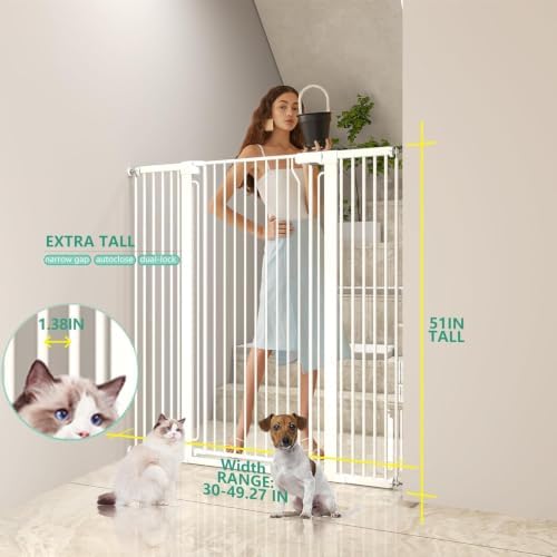 51" Extra Tall Cat Gate 30"-49.27" Wide, Auto Close, Pressure Mounted, - Image 2