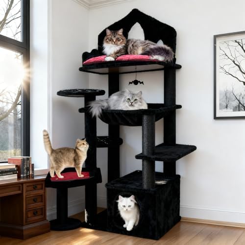 Gothic Cat Tree with Coffin Bed, Spooky Cat Tower with Scratching Post by KWOJU