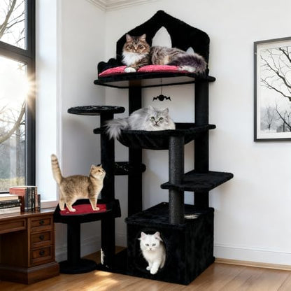 Gothic Cat Tree with Coffin Bed, Spooky Cat Tower with Scratching Post by KWOJU