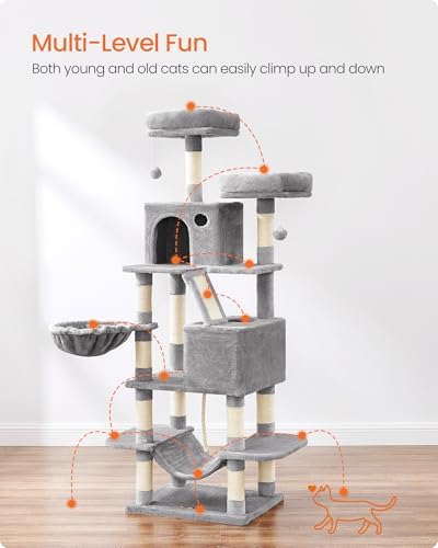 Feandrea Cat Tree, 66.1-Inch Large Cat Tower, Light Gray - Image 3