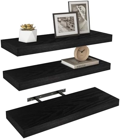 Vervida® Black Floating Wall Shelves 24in Deep Set of 3 Holds 37lbs by Vervida
