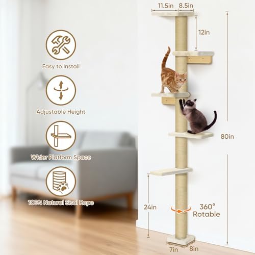 PAWSCRAT 5-Tier Wall-Mounted Cat Tree, 80-Inch Sisal Post - Image 4