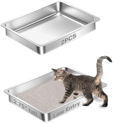 2 Pack Low Entry Stainless Steel Cat Litter Boxes, Metal Shallow Litter Box by Amibud