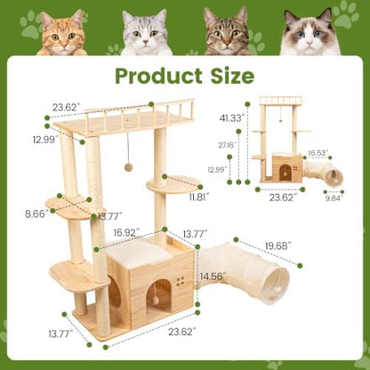 45" Solid Wood Cat Tree for Indoor Cats, Cat Tower - Image 2