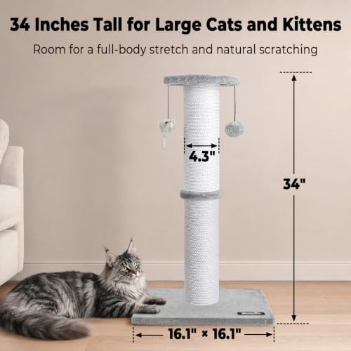 34"Tall Cat Scratching Post for Large Cats, Stable Base, Light Gray - Image 2