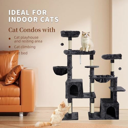 Upgraded 64.5 Inch Multi Cat Tree 3 Perches 2 Beds 2 Baskets Grey - Image 2