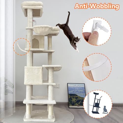 Beige 68 Inches Multi-Level Large and Tall Cat Tree Tower - Image 4