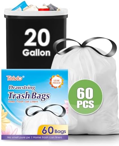 Teivio 20 Gallon 60 Counts Large Drawstring Trash Bags Strong Tall Kitchen by Teivio