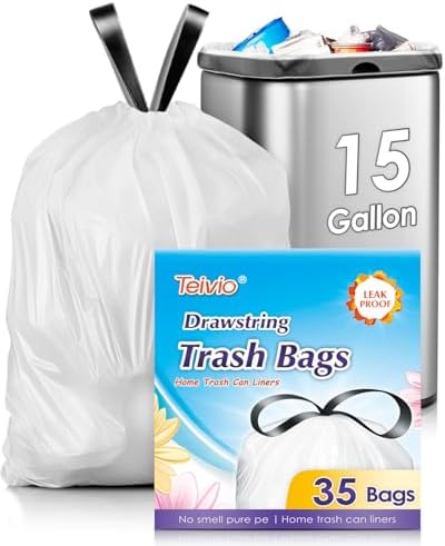 Teivio 15 Gallon 35 Counts Strong Tall Kitchen Drawstring Trash Bags, Medium by Teivio