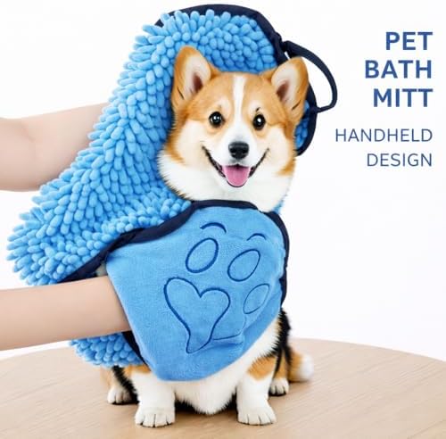 Super Absorbent Dog Bath Towel & Grooming Glove Set – Soft Chenille Dog Drying - Image 4