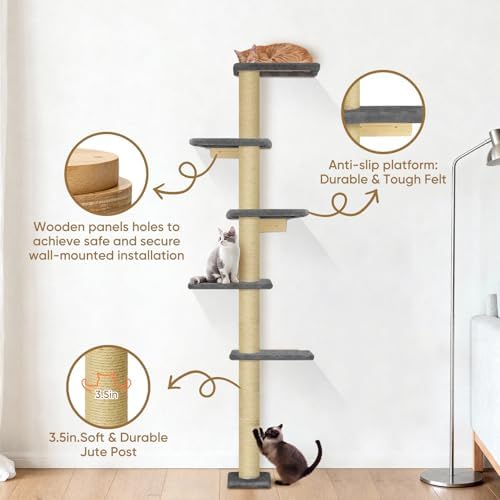 PAWSCRAT 5-Tier Wall-Mounted Cat Tree, 80-Inch Sisal Post - Image 3