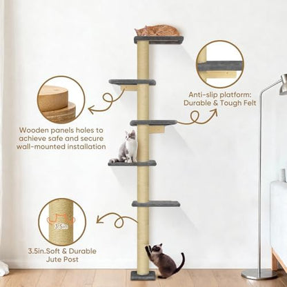 PAWSCRAT 5-Tier Wall-Mounted Cat Tree, 80-Inch Sisal Post - Image 3